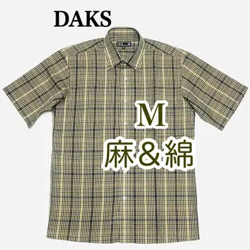 고품질] DAKS 남성용 반팔 셔츠 M 체크 면 린넨 고급 원단 빈티지