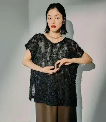 미사용 LEPSIM 뉘앙스 패턴 레이시 프렌치 슬리브 블랙