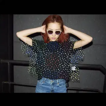 줄리안 데이비드 숏 슬리브 튤 탑 메쉬