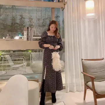 플라워 프린트 긴팔 롱 원피스