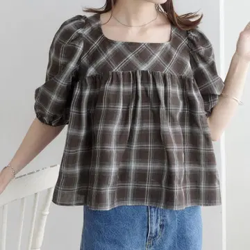 디스코트 체크 소매 벌룬 블라우스