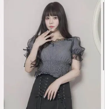 pium 튤 레이어드 깅엄 블라우스