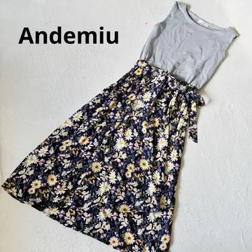 Andemiu 플라워 프린트 슬리브리스 원피스 플레어 원피스