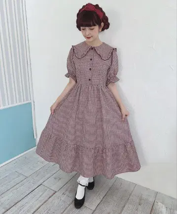 시마무라 아오키 미사코 깅엄 체크 원피스 M 사이즈 빨간색 보르도