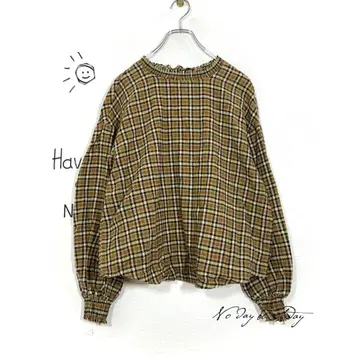 마우지 티셔츠(F) 체크 무늬 백 리본 브라운 풀오버