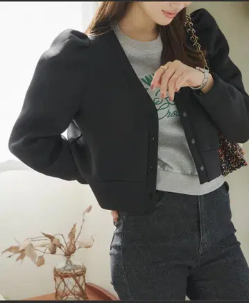 퍼프 슬리브 가디건 블랙