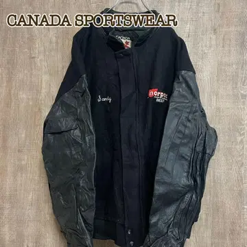 CANADA SPORTSWEAR 바시티 자켓 블랙 가죽 소매 이소재 절개