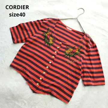CORDIER 보더 컷 티셔츠 크롭 면100% 자수 적자색 40