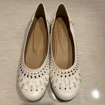 화이트 가죽 뜨개질 플랫 슈즈