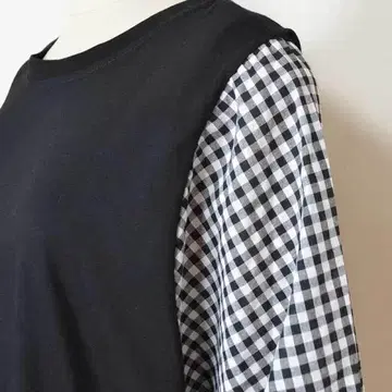 L~LL 빅 사이즈 깅엄 소매 절개 면 풀오버 여성용/블랙