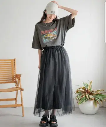 튤 플레어 롱 스커트 블랙