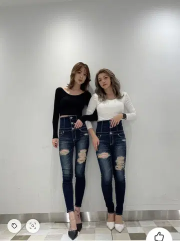 gyda 하이 웨스트 버튼 데미지 스키니 데님 팬츠