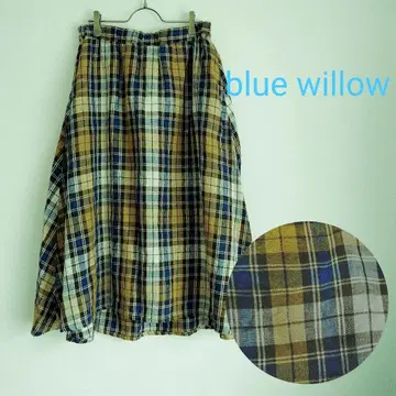blue willow 플레어 스커트 체크 린넨 100%