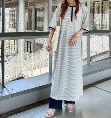 DISCOAT 반지 도트 빅 반팔 원피스 화이트 보더 새상품