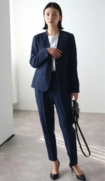 네이비 노카라 팬츠 수트 세트