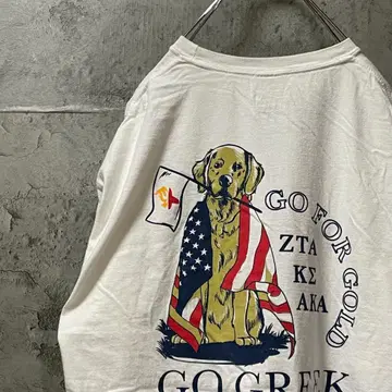 GO GREEK 개 성조기 애니멀 백 프린트 티셔츠