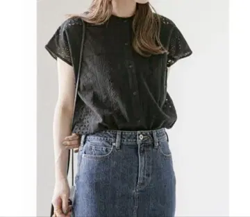 어반 리서치 써니 라벨 밴드 카라 코튼 레이스 셔츠
