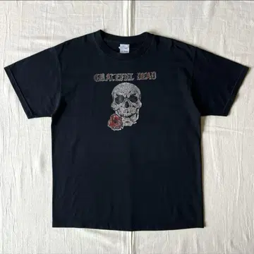 00s GRATEFUL DEAD 장미 스컬 밴딩 로고 라메 프린트 티셔츠