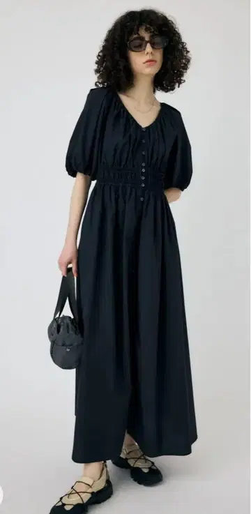 MOUSSY 허리 개더 롱 드레스