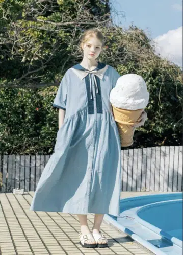 sm2 세일러 카라 플라켓 레이스 배색 원피스 블루 M 사만사 모스모스