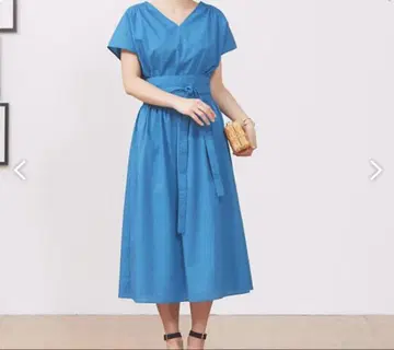 새시 벨트 원피스 스카이블루 V넥