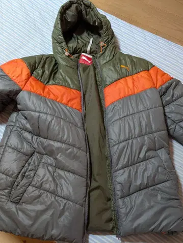 Puma 후드 부착 다운 자켓 그레이/오렌지/카키