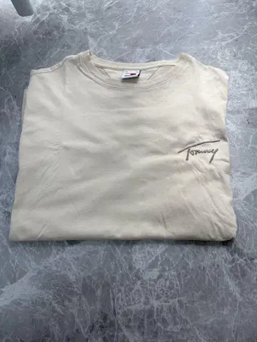 Tommy 베이지 로고 자수 티셔츠 XL
