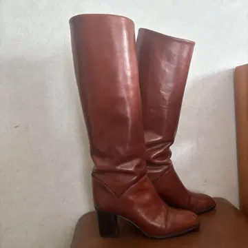 여성용 영국제 롱 부츠 천연 가죽 홍차 브라운 22cm