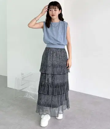 라메 튤 플리츠 티어드 스커트
