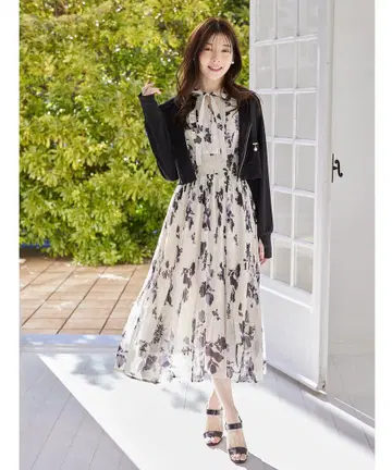 tocco 리본 포함 허리 셔링 플라워 프린트 플리츠 원피스