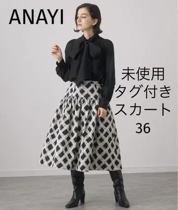 택 포함 미사용품 ANAYI 체크 자카드 로 개더 스커트 36