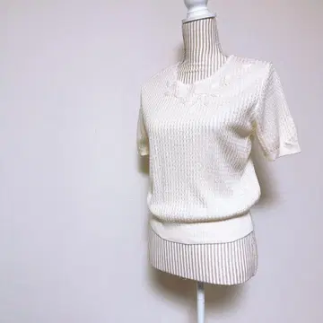 린넨 혼방 자수 썸머 니트 (M) 일본제 마 디자인 상의 새상품급