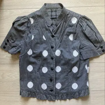 vintage 스트라이프 도트 반팔 블라우스