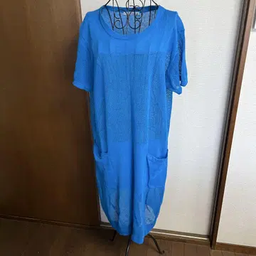 마츠오 인터내셔널 메쉬 소재 파랑 반팔 롱 원피스