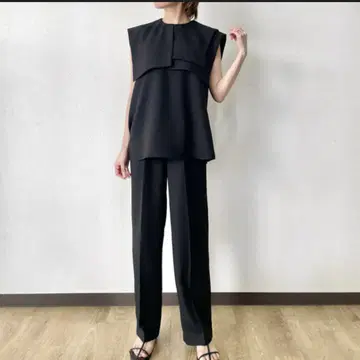 린넨 라이크 블랙 셋업 팬츠 비대칭 세일러 카라
