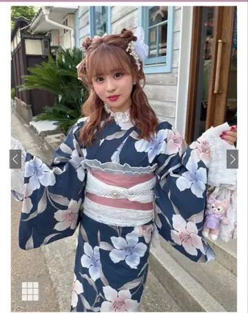 꽃무늬 유카타 네이비 핑크 오비