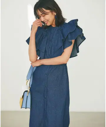 소매 프릴 데님 원피스