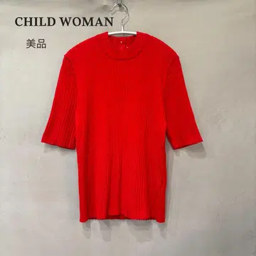 새상품급 CHILD WOMAN 와이드 리브 하이넥 5부 소매 풀오버 레드