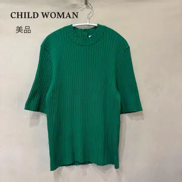 새상품급 CHILD WOMAN 와이드 리브 하이넥 5부 소매 풀오버 그린