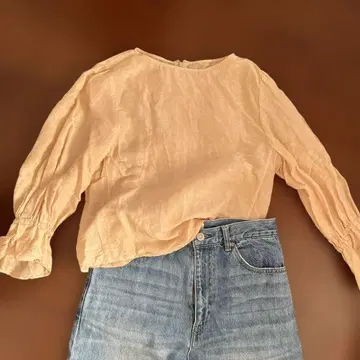 이에나 린넨 페일 오렌지 벌룬 슬리브 셔츠