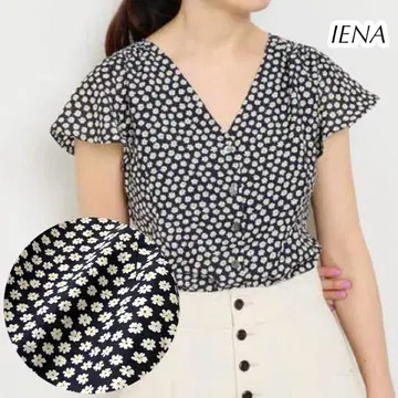 IENA 이에나 레트로 플라워 앞 버튼 V넥 블라우스 네이비