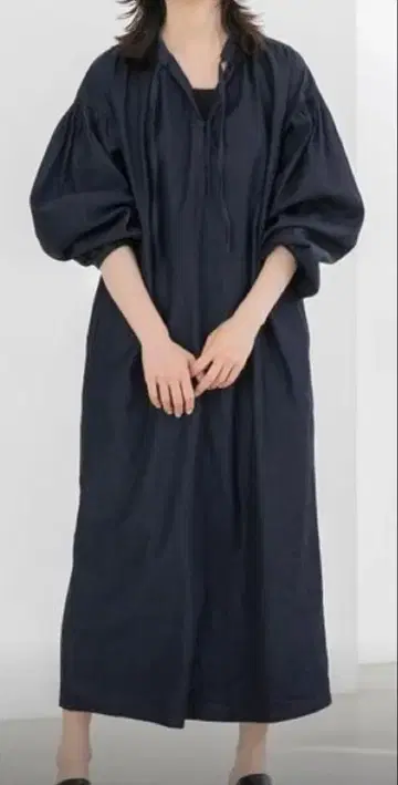 yuw 네이비 벌룬 슬리브 롱 원피스