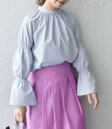 쉽스 에니 캔디 개더 슬리브 블라우스 스트라이프 화이트 파랑