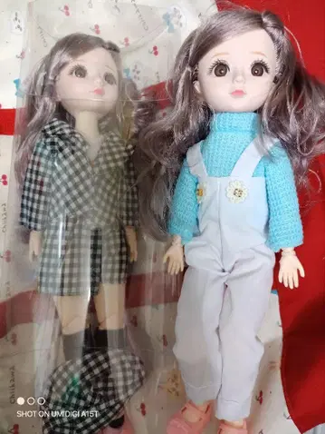 인형 2개 세트 체크 무늬와 오버롤
