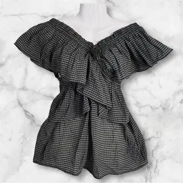 2430 멀로 깅엄 체크 오프숄더 블라우스 프릴 그레이
