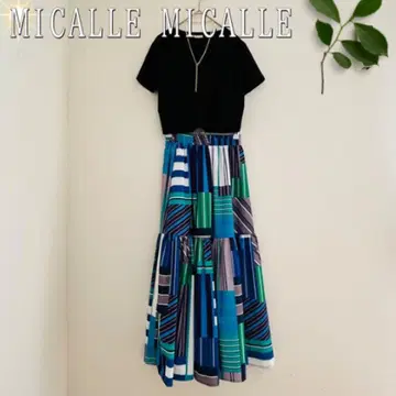 MICALLE MICALE 기하학 패턴 플레어 스커트 허리 밴딩