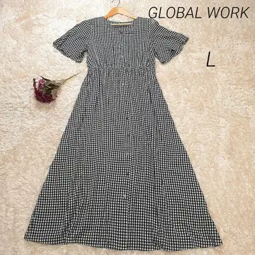새상품급 GLOBAL WORK 반팔 원피스 체크 L 허리밴딩