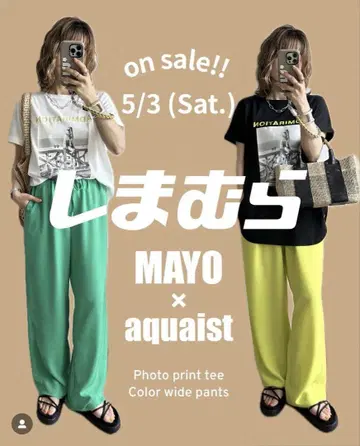 시마무라 mayo 포토 프린트 티셔츠 컬러 와이드 팬츠 세트