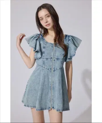 rienda 히로인 원피스 프릴 슬리브 미니 원피스 데님