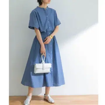 어반 리서치 린넨 블렌드 개더 원피스 데님 블루 셔츠 원피스
